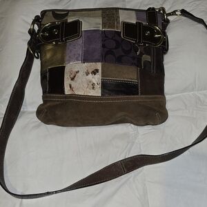 Coach Patchwork Leather & Suede Crossbody — Brown, Purple, Cream